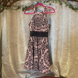 Rose pink halter neck skater dress City Studio sheer midriff velvet dress 3 XS